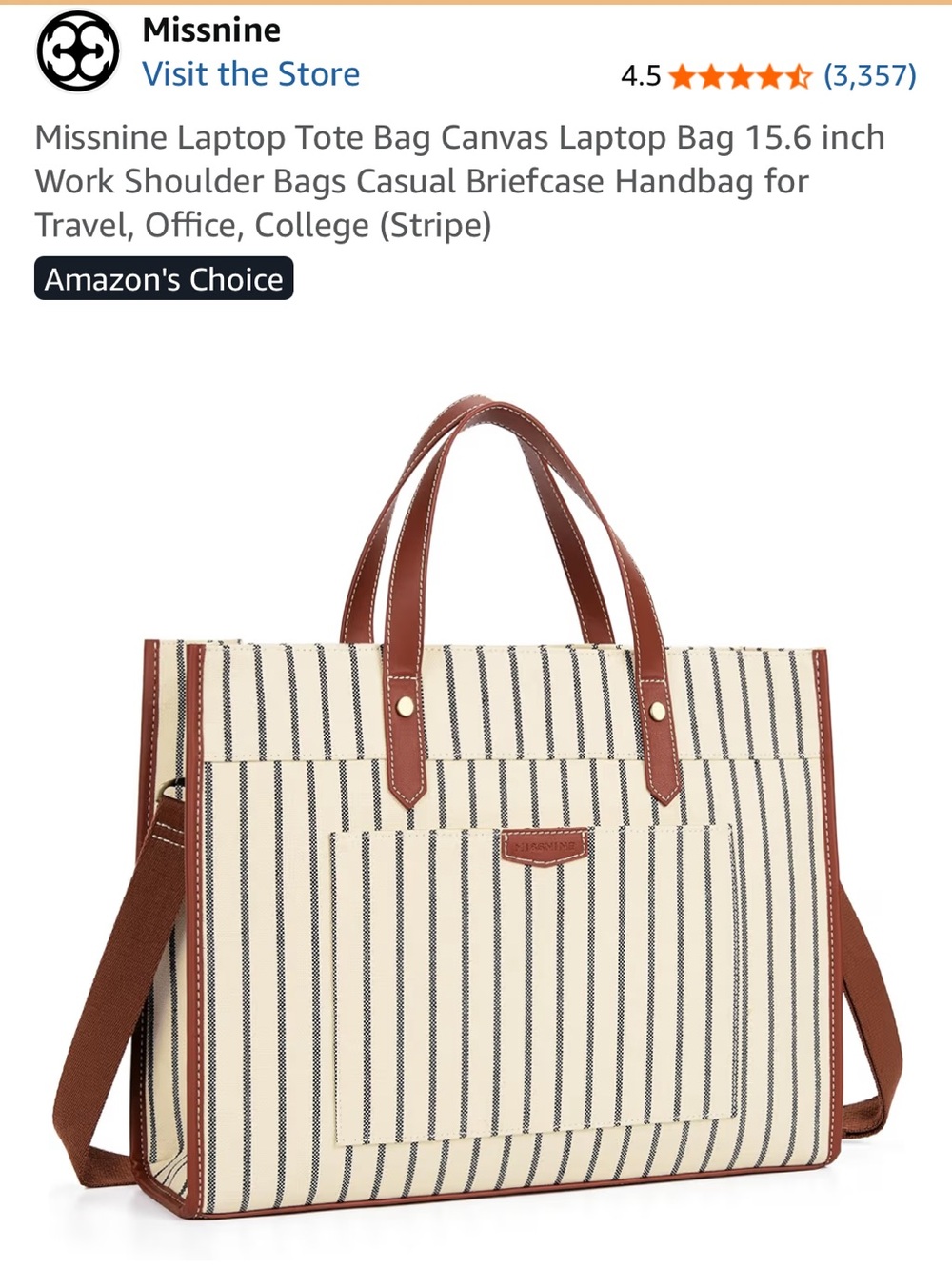 Canvas Stripe Tote Bag with Brown Trim - Women Bags